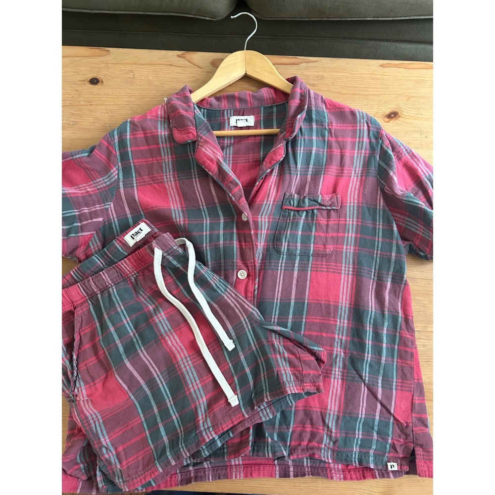 Pact Organic Cotton Flannel Pajama Set XL Red Plaid Short Sleeve Shorts Cabin